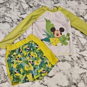 Disney Mickey Mouse Boys Tropical Swim Set Rash Guard (Size 5/6) Shorts (size 4)